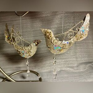 2 Silver Sparkle Dove Bird Tin Christmas Ornaments 5” X 5”